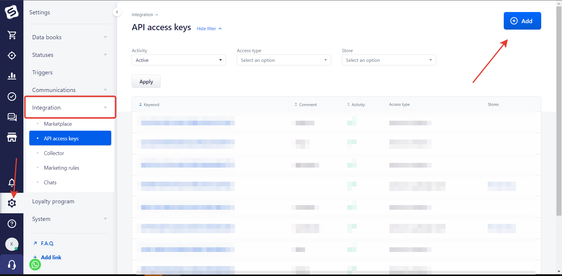 Интеграция QuickBooks и RetailCRM — в Silma с правами администратора. Перейдите в Setting/Integration/API access keys и нажмите кнопку "Add"