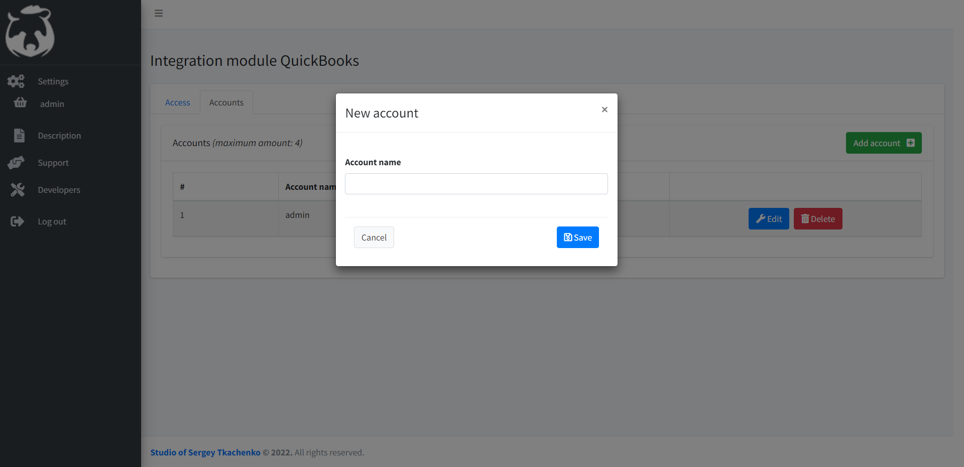 Интеграция QuickBooks и RetailCRM — корзиной (Delete). Добавим магазин: нажимаем add account и вписываем Account name, затем сохраняем -- Save