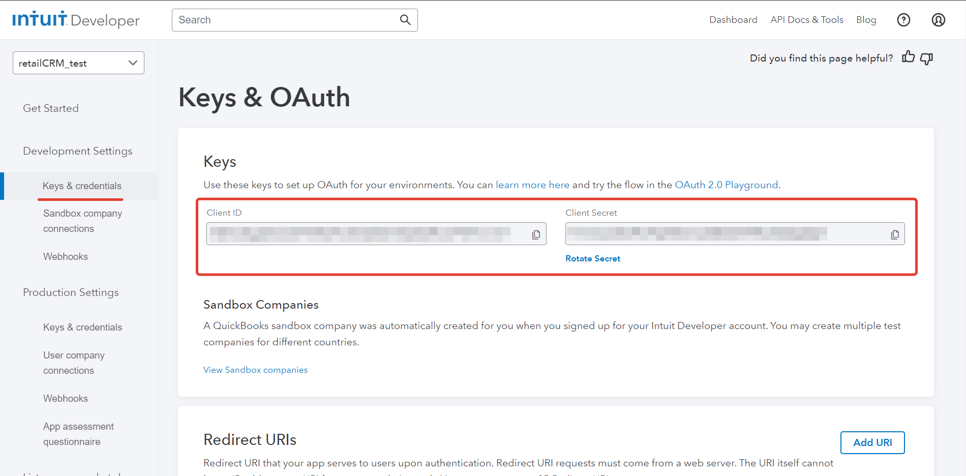 Интеграция QuickBooks и RetailCRM — Secret: Нажимаем Dashboard и переходим в созданное приложение. Данные находятся в разделе Keys & credentials