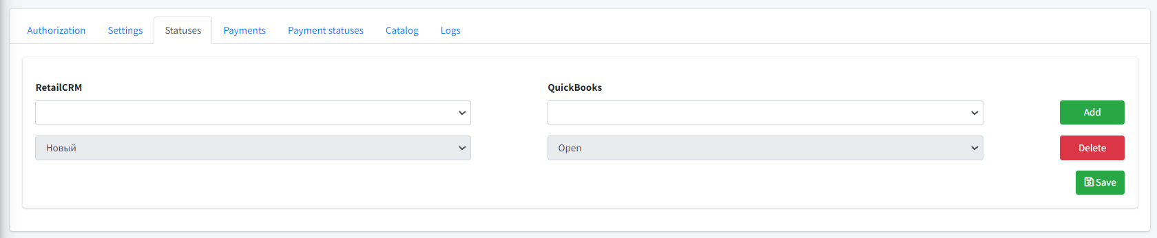 Интеграция QuickBooks и RetailCRM — нажмите Add, для удаления сопоставления нажмите Delete. После завершения настройки статусов нажмите Save