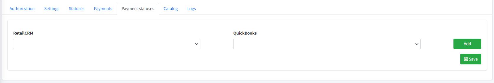 Интеграция QuickBooks и RetailCRM — нажмите Add, для удаления сопоставления нажмите Delete. После завершения настройки статусов нажмите Save